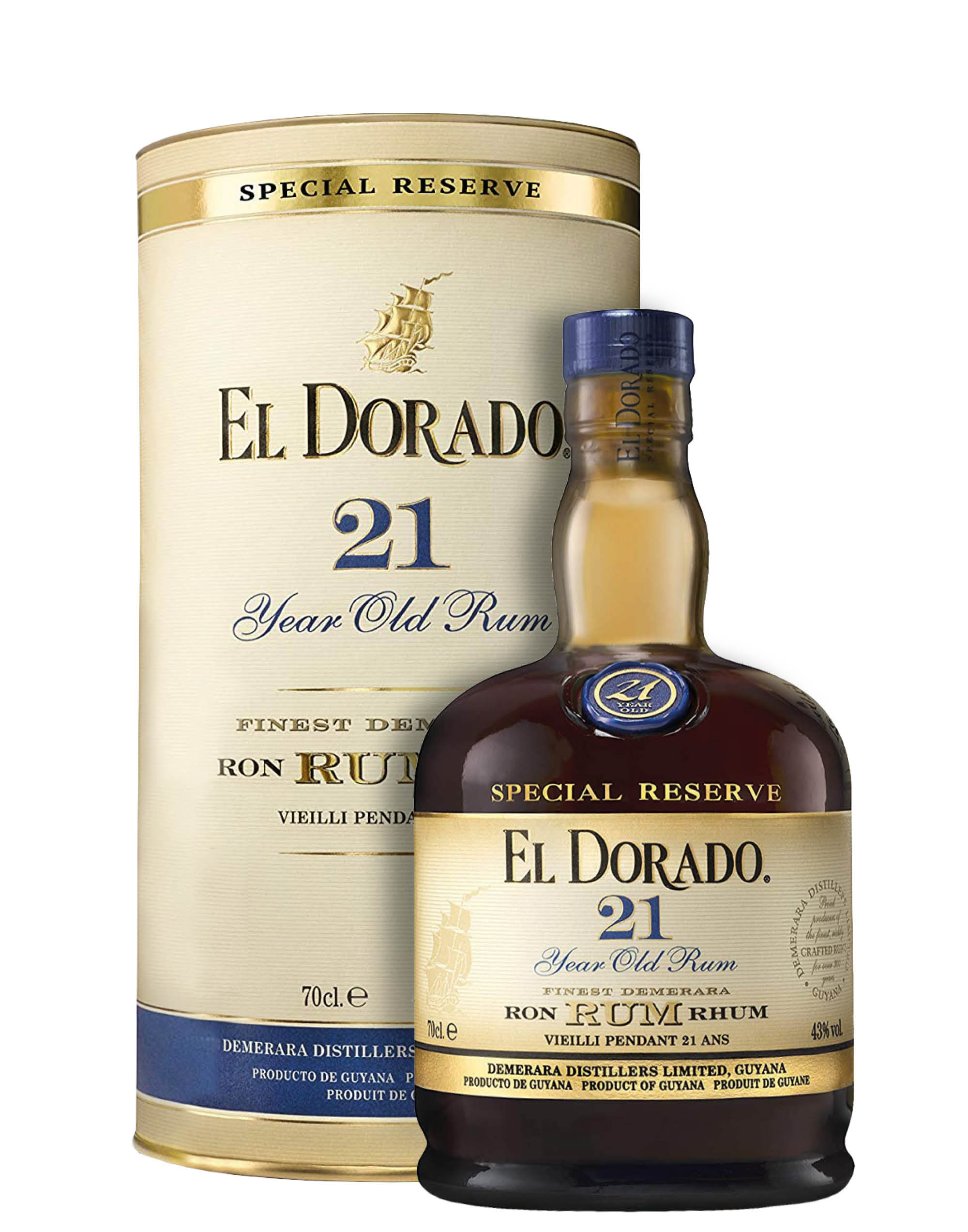 El Dorado, Rum 21 Years Old, 700 Ml, Aroma Di Arancia E Mandarino, Note Dolci Di Zucchero Di Canna, Cioccolato Fondente E Caffè, Invecchiato 21 Anni In Guyana In Botti Exbourbon, Idea Regalo, 43% Vol.-image