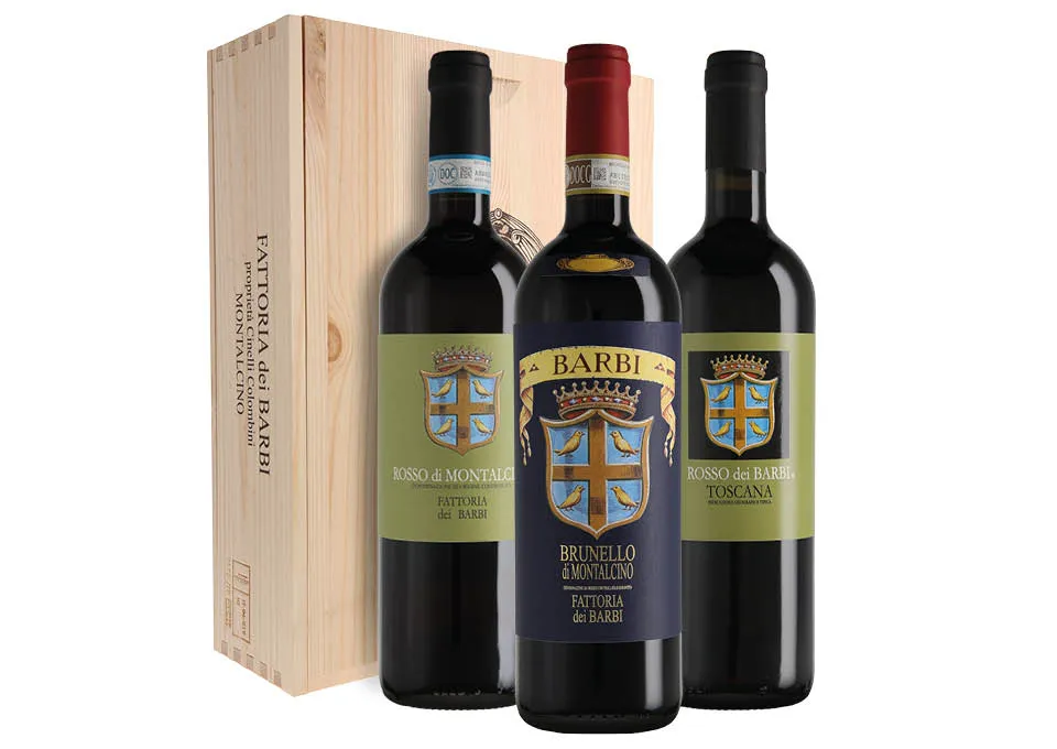Cassetta Fattoria dei Barbi con Rosso dei Barbi, Brunello e Rosso di Montalcino