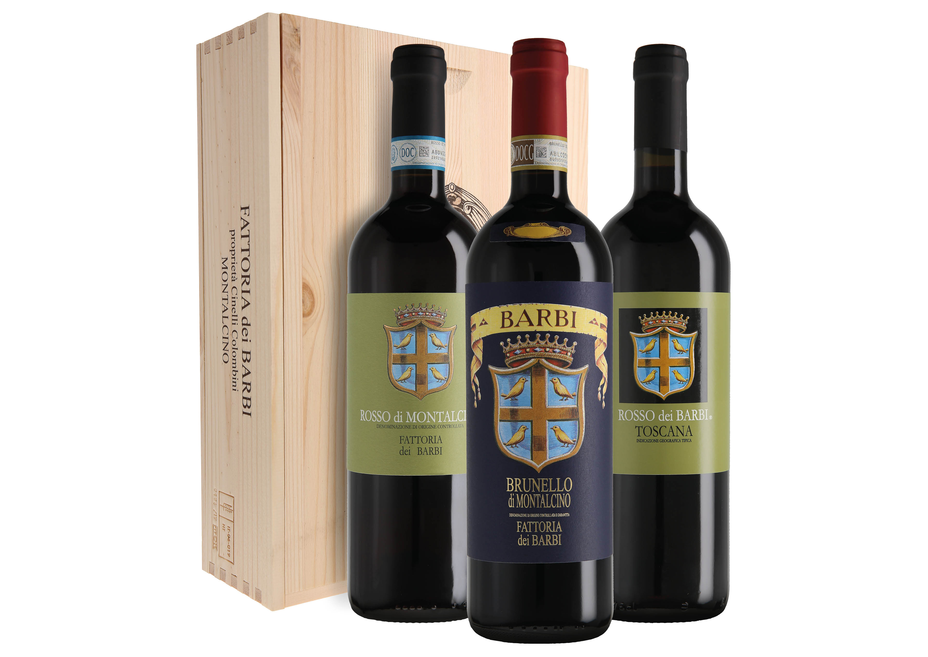 Cassetta Fattoria dei Barbi con Rosso dei Barbi, Brunello e Rosso di Montalcino