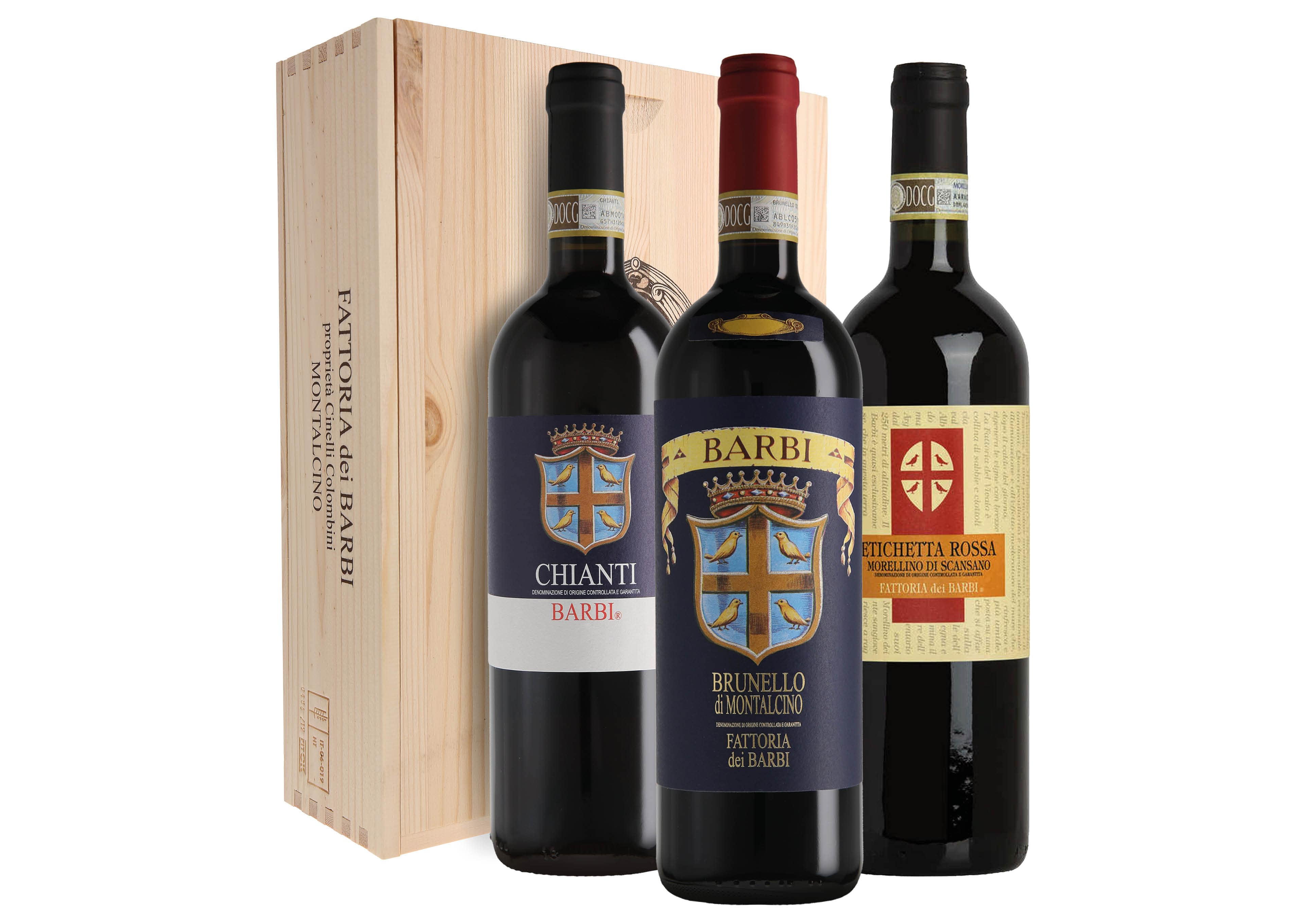 Cassetta Fattoria dei Barbi con Brunello, Chianti e Morellino