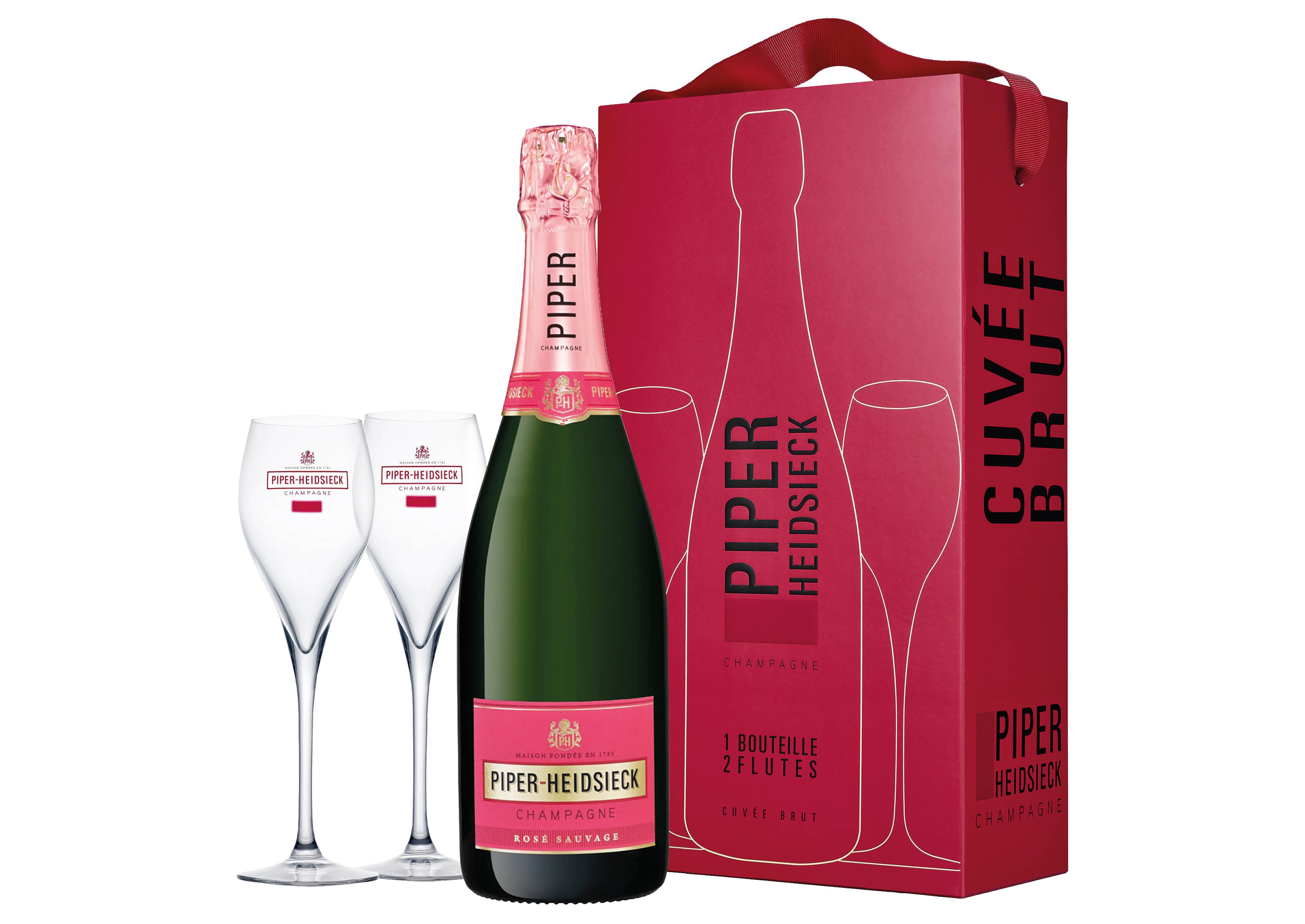Piper-Heidsieck Rosé Sauvage Champagne AOC Brut 0,75 ℓ, Confezione con flûtes
