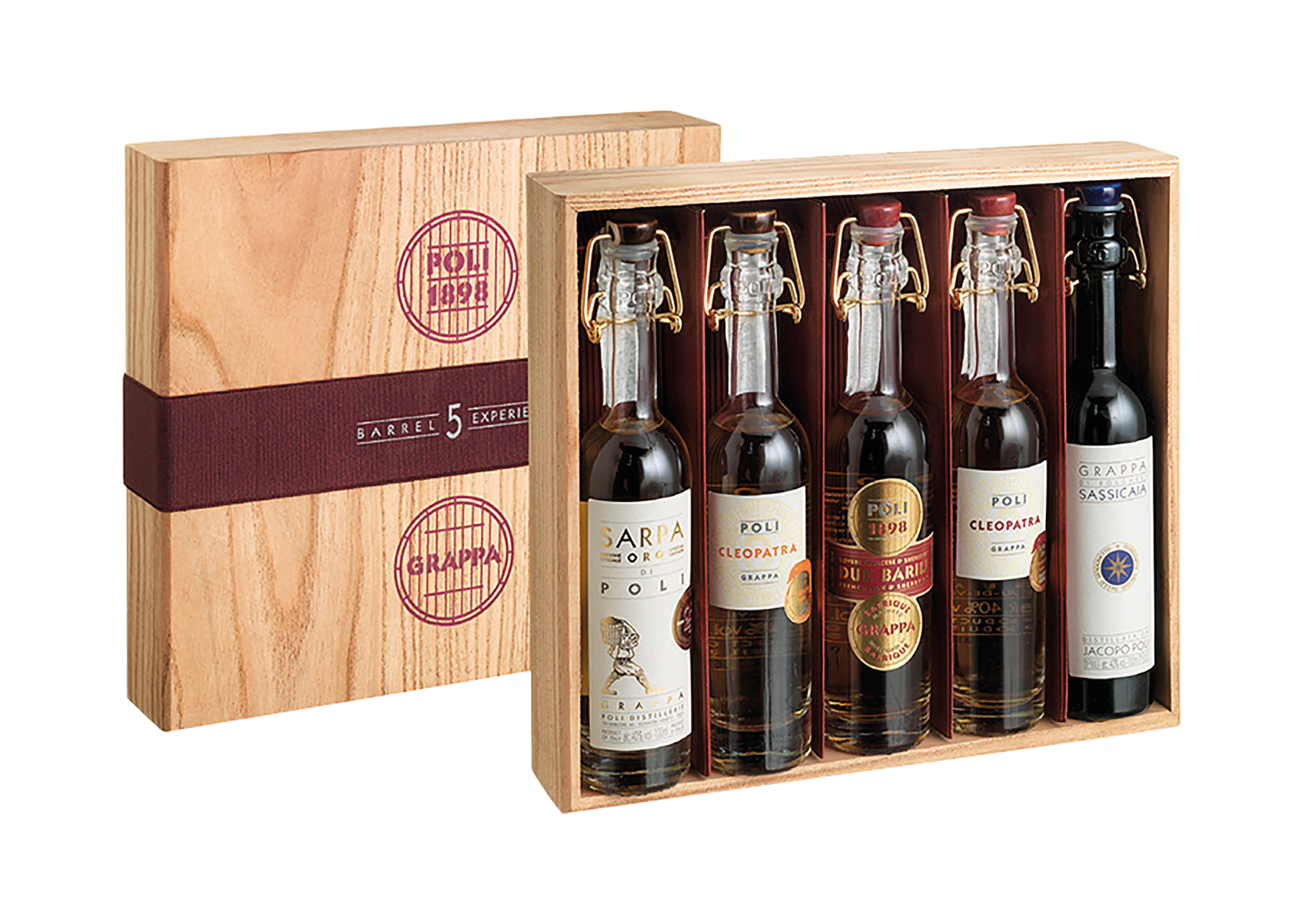 Poli Grappa 5 Barrel Experience 5 bottiglie da 100 ㎖, Cassetta di legno