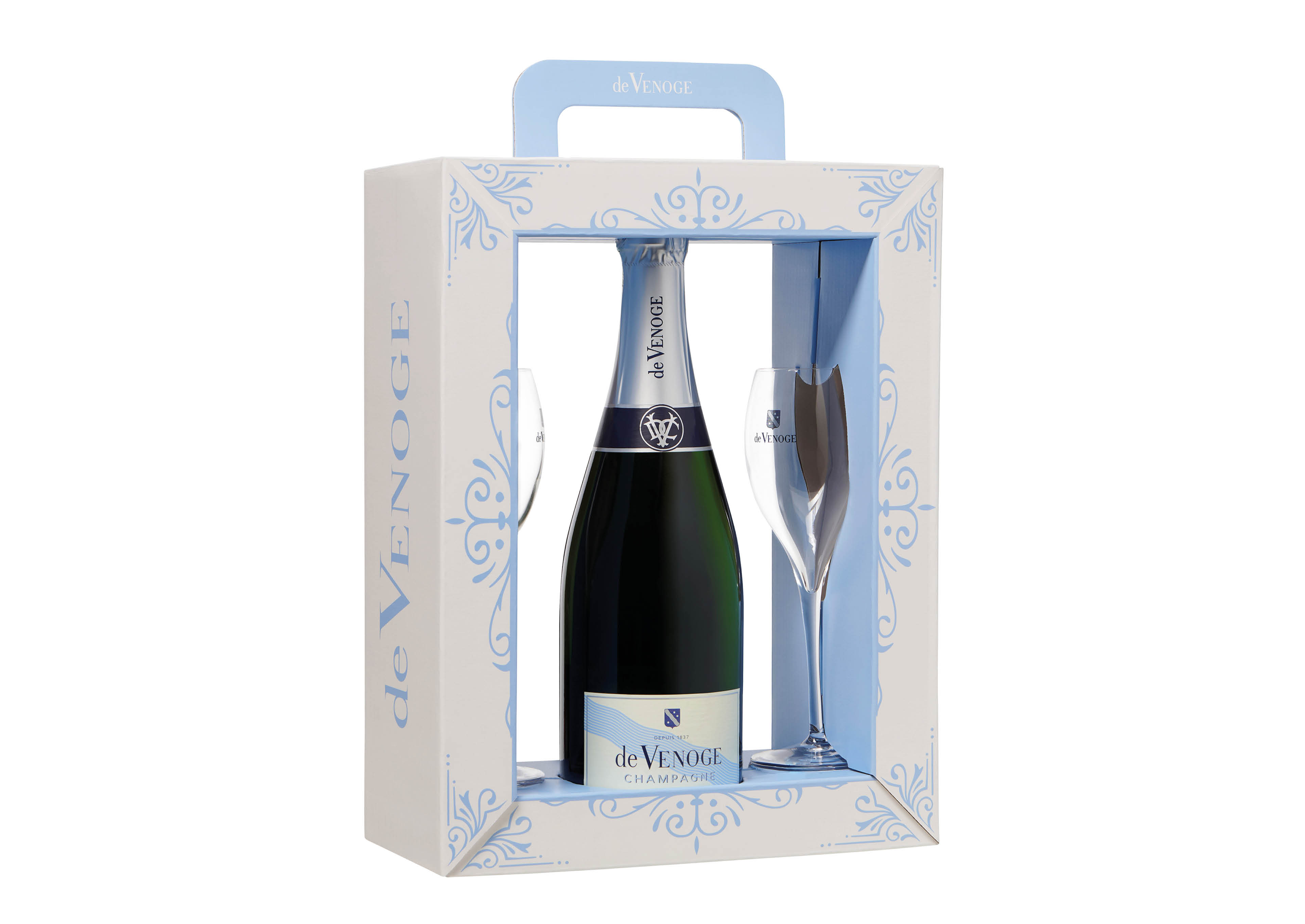De Venoge Cordon Bleu Champagne AOC Brut 0,75 ℓ, Confezione con flûtes