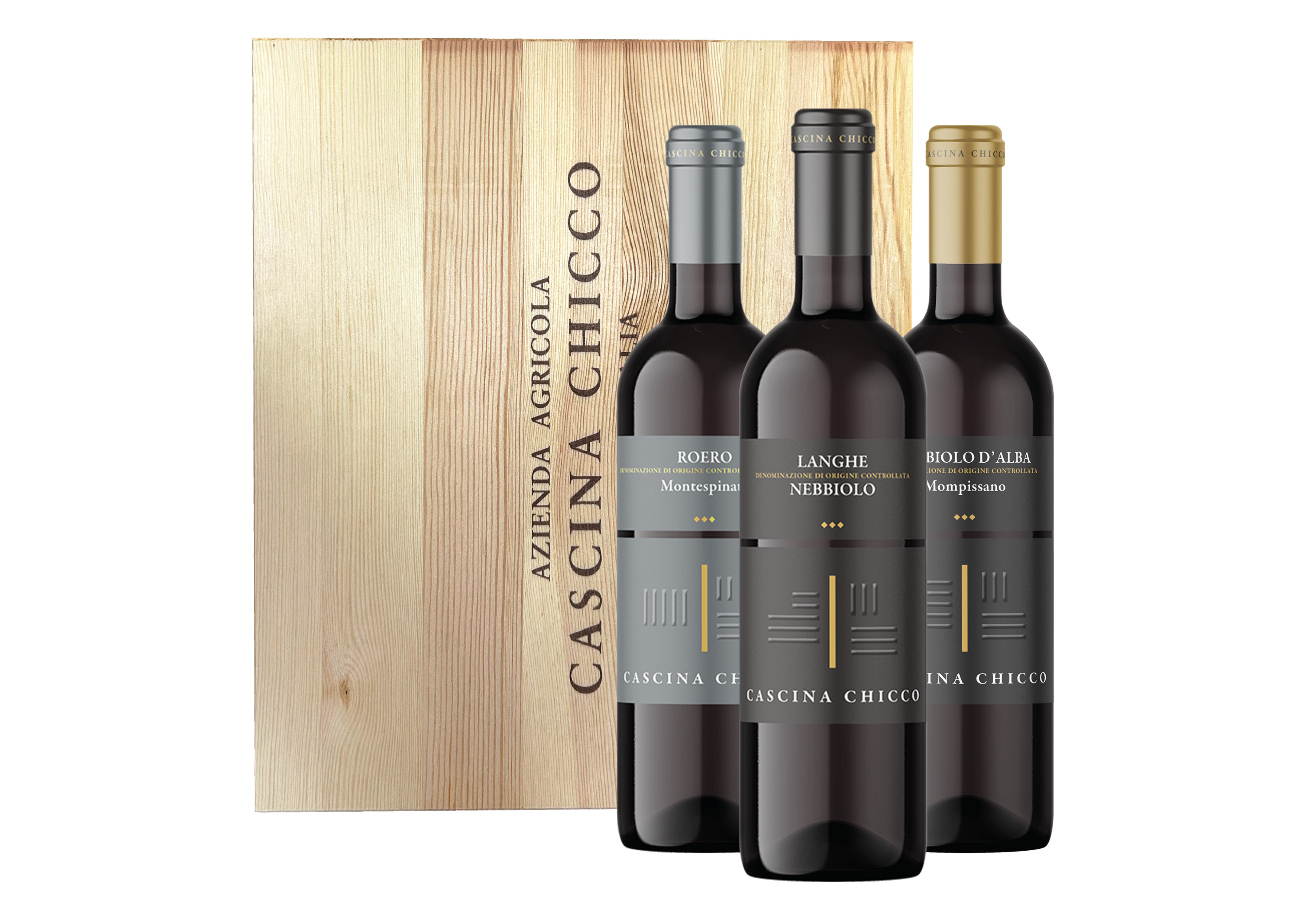 Cassetta Cascina Chicco con Nebbiolo, Roero Montespinato e Nebbiolo Mompissano