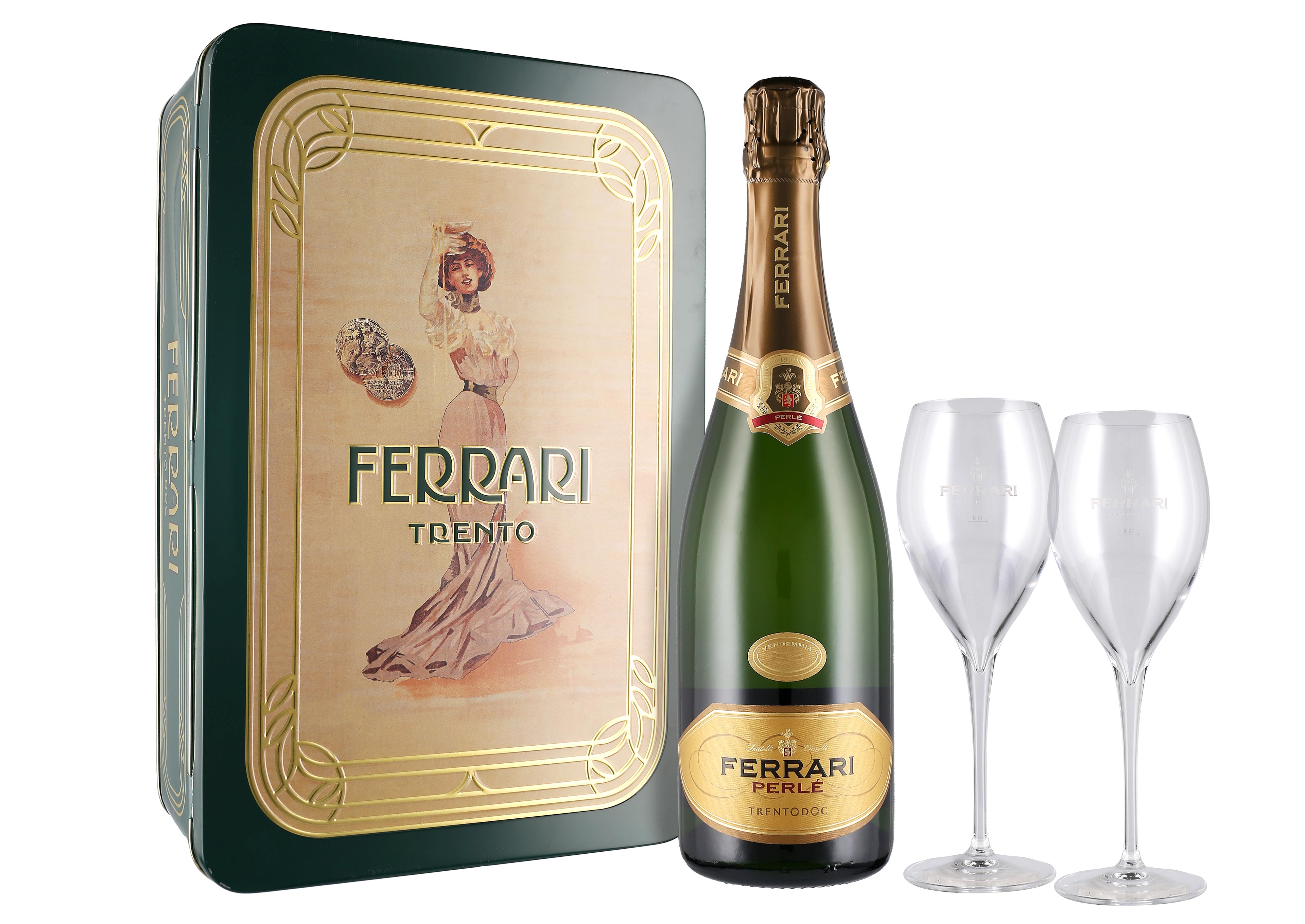 Ferrari Perlé Trento Brut DOC 2019 0,75 ℓ, Confezione con flûtes