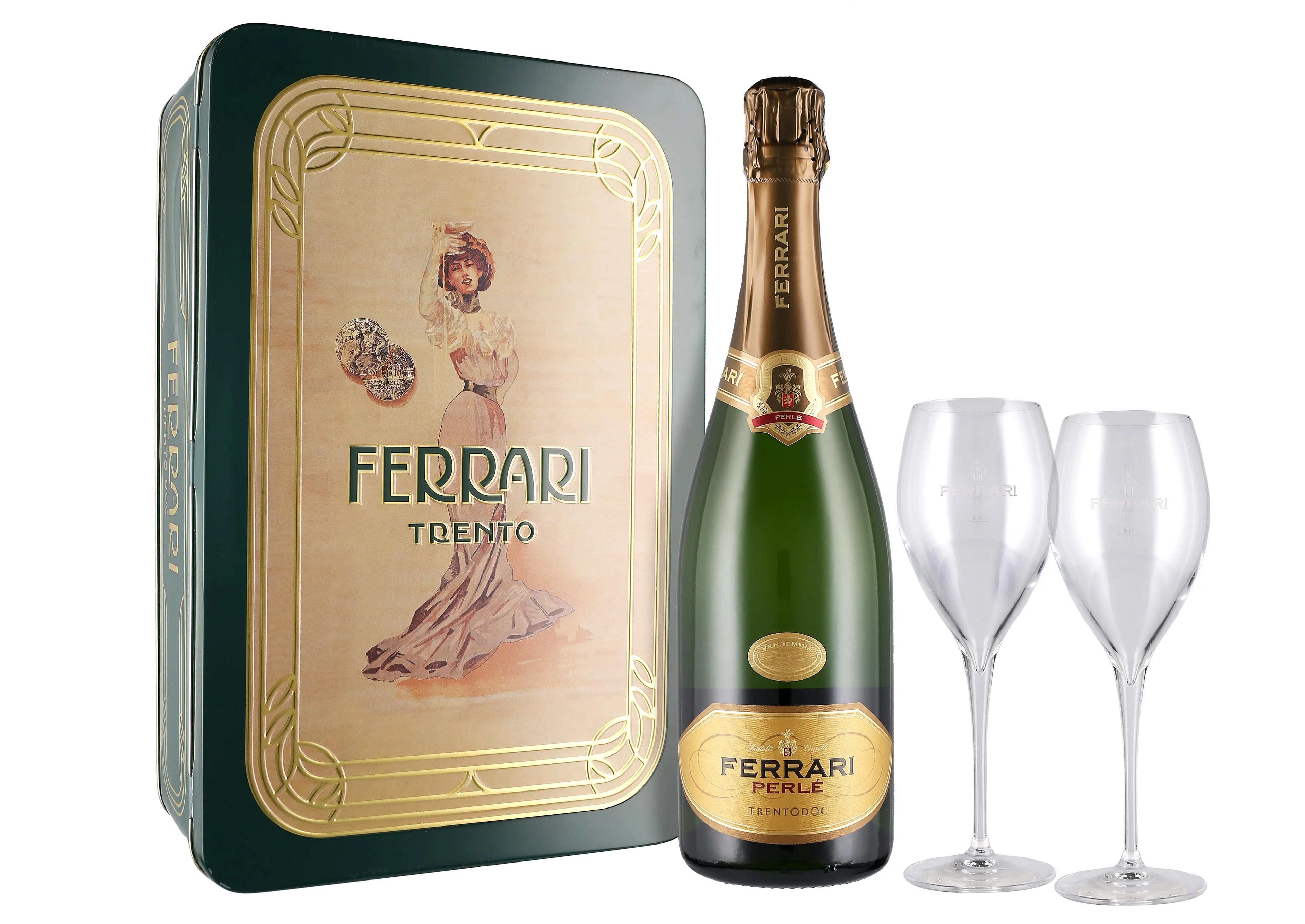 Ferrari Perlé Trento Brut DOC 2019 0,75 ℓ, Confezione con flûtes