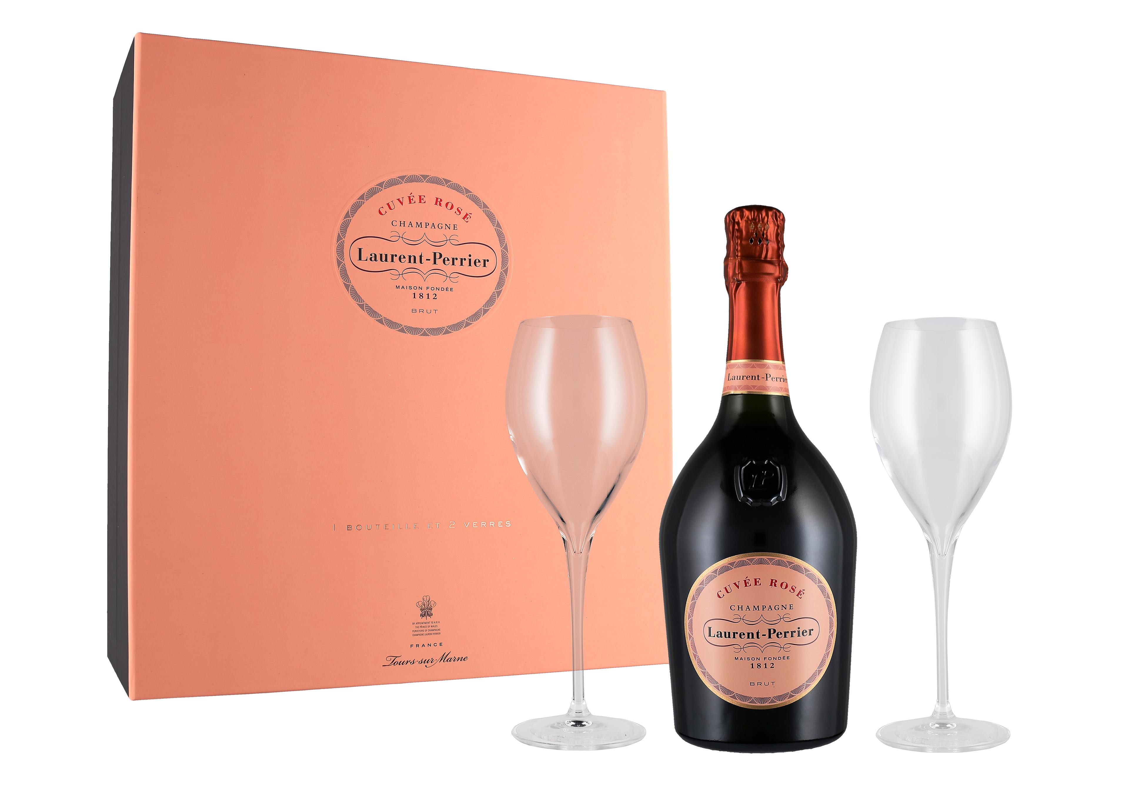 Laurent-Perrier Cuvée Rosé Champagne AOC 0,75 ℓ, Confezione con flûtes